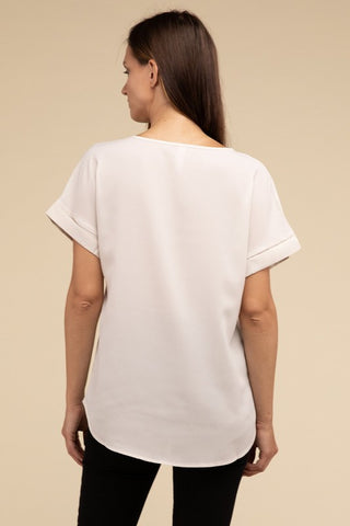 Woven Heavy Dobby Rolled Sleeve Boat Neck Top