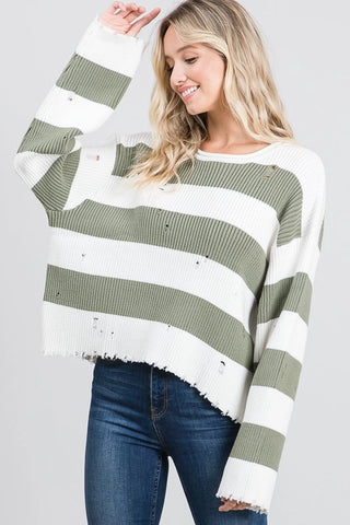 Distressed Striped Sweater in Olive