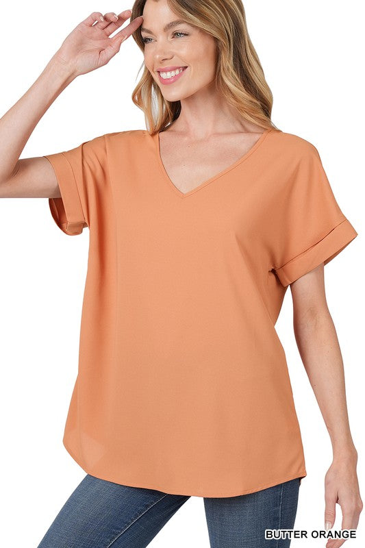 Woven Heavy Dobby Rolled Sleeve V-Neck Top