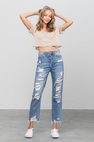 HIGH WAIST HEAVY DISTRESSED GIRLFRIEND JEANS