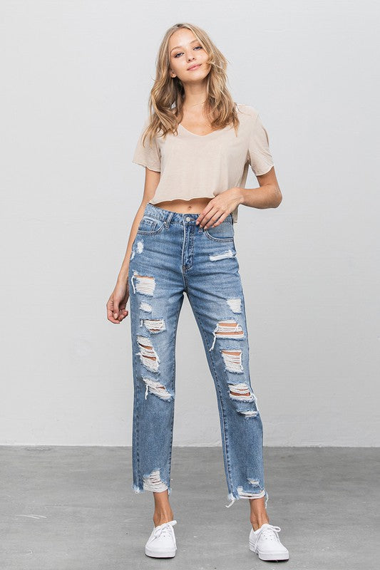 HIGH WAIST HEAVY DISTRESSED GIRLFRIEND JEANS