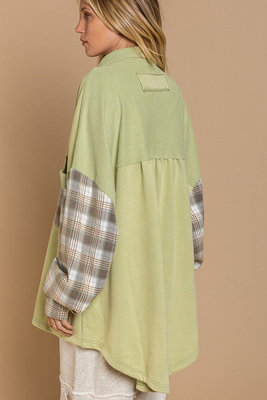 Long Sleeve With Plaid Detail Sleeve Shacket