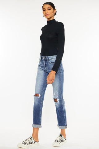 Kancan High Rise Hem Detail Slim Straight Jeans