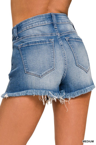 Zenana Mid Rise Raw Frayed Hem Denim Shorts