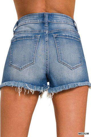 Zenana Mid Rise Raw Frayed Hem Denim Shorts