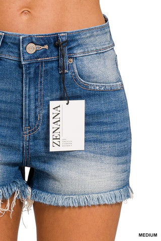 Zenana Mid Rise Raw Frayed Hem Denim Shorts