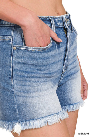 Mid Rise Raw Frayed Hem Denim Shorts