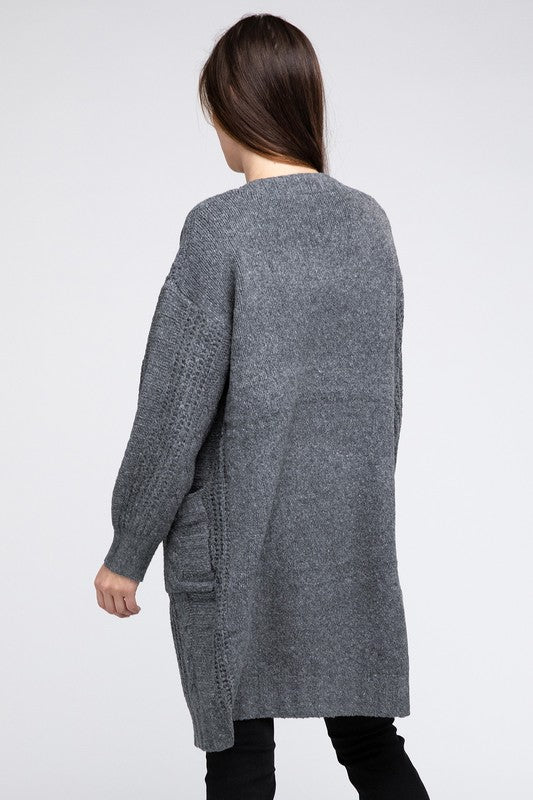 Twist Knitted Open Front Cardigan With Pockets