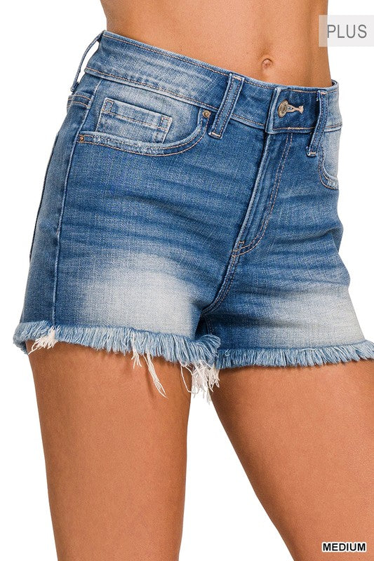 *Plus Zenana Mid Rise Raw Frayed Hem Denim Shorts