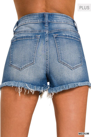 *Plus Zenana Mid Rise Raw Frayed Hem Denim Shorts