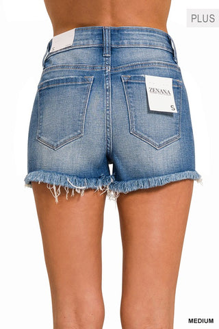 *Plus Zenana Mid Rise Raw Frayed Hem Denim Shorts