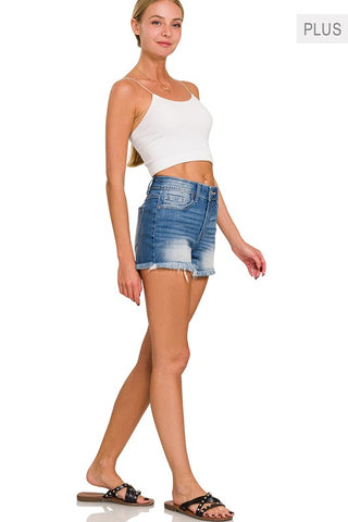 *Plus Zenana Mid Rise Raw Frayed Hem Denim Shorts