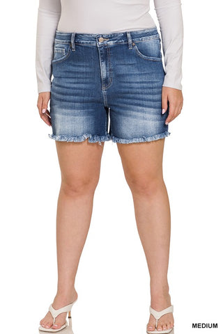 *Plus Zenana Mid Rise Raw Frayed Hem Denim Shorts