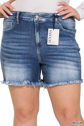 *Plus Zenana Mid Rise Raw Frayed Hem Denim Shorts