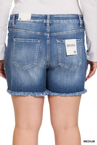 *Plus Zenana Mid Rise Raw Frayed Hem Denim Shorts