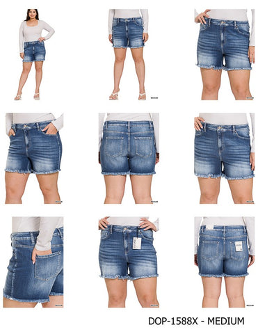 *Plus Zenana Mid Rise Raw Frayed Hem Denim Shorts