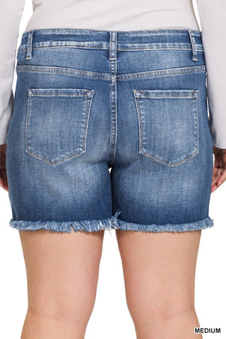 *Plus Zenana Mid Rise Raw Frayed Hem Denim Shorts