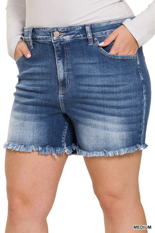 *Plus Zenana Mid Rise Raw Frayed Hem Denim Shorts