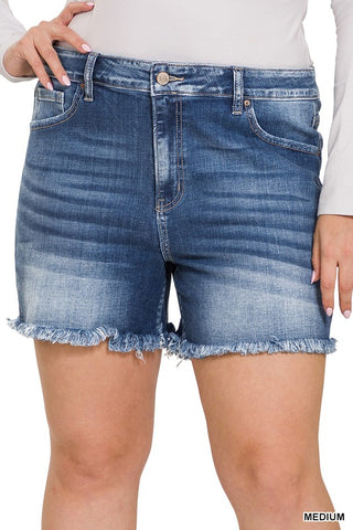 *Plus Zenana Mid Rise Raw Frayed Hem Denim Shorts