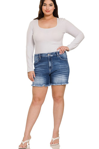 *Plus Zenana Mid Rise Raw Frayed Hem Denim Shorts