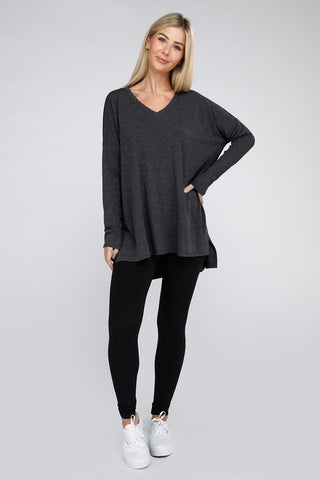 Dolman Long Sleeve V-Neck Side Slit Hi-Low Hem Top