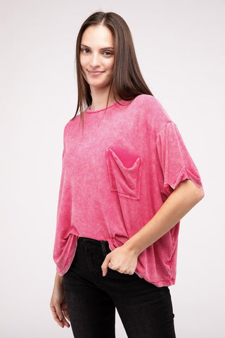 Washed Ribbed Cuffed Short Sleeve Round Neck Top