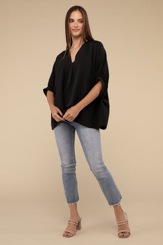 Woven Airflow V-Neck Puff Half Sleeve Top