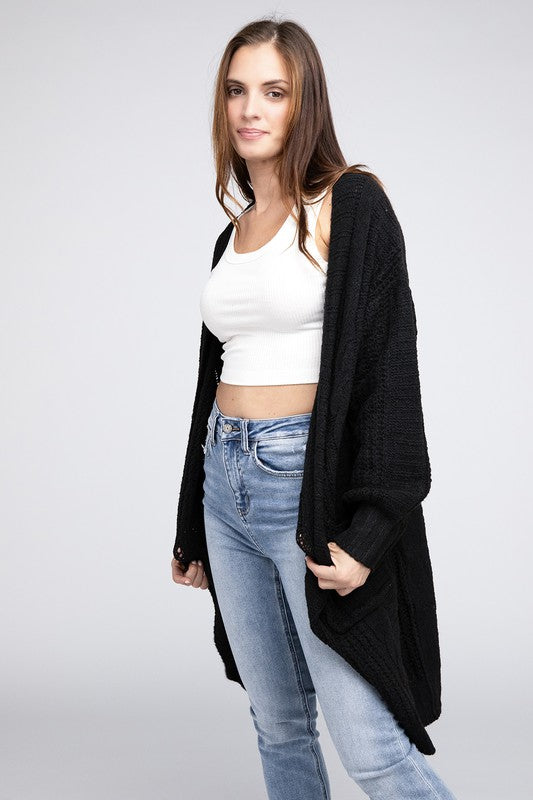 Twist Knitted Open Front Cardigan With Pockets