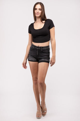 Washed Black Cuffed Raw Hem Denim Shorts