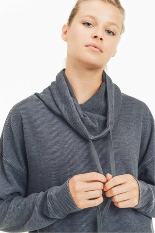 Mineral Wash Cowl-Neck Waffle Knit Pullover