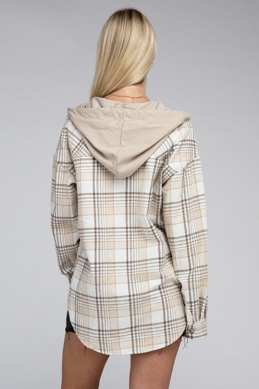 Plaid Hooded Button Up Jacket
