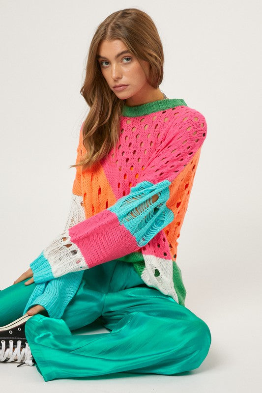 Color Block Distressed Detail Sweater