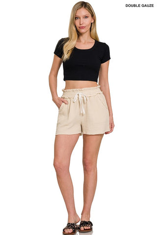 Double Elastic Band Gauze Drawstring Shorts