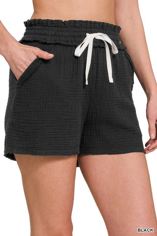 Double Elastic Band Gauze Drawstring Shorts