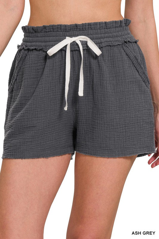 Double Elastic Band Gauze Drawstring Shorts