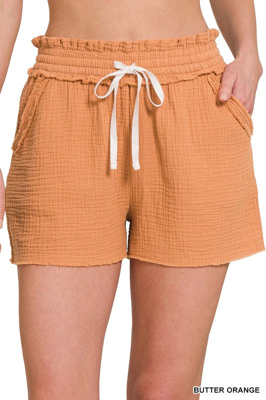 Double Elastic Band Gauze Drawstring Shorts