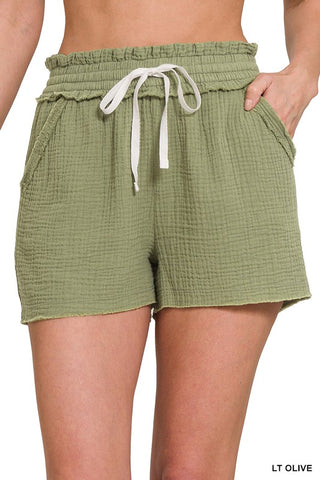 Double Elastic Band Gauze Drawstring Shorts