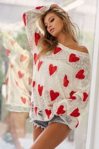 Heart Pattern Distressed Sweater