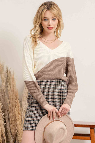 Asymmetrical Color Block Tie Back Sweater