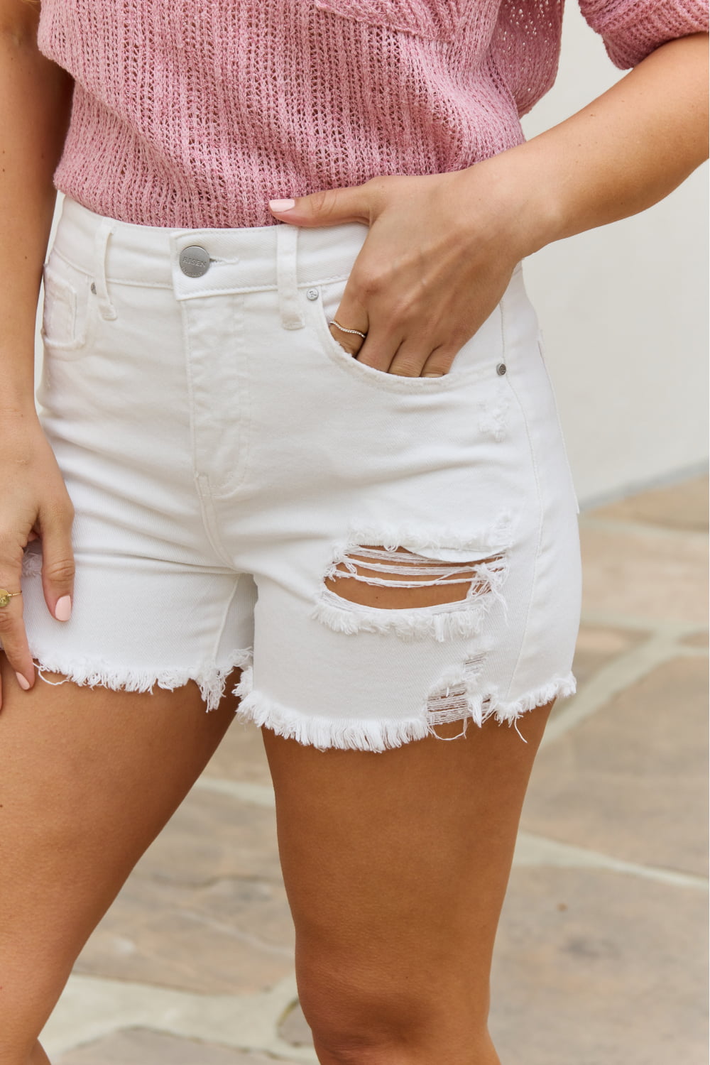 Risen Denim Lily High Waisted Distressed Shorts