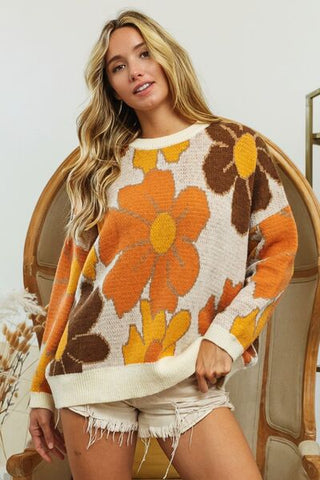 Round Neck Flower Pattern Sweater