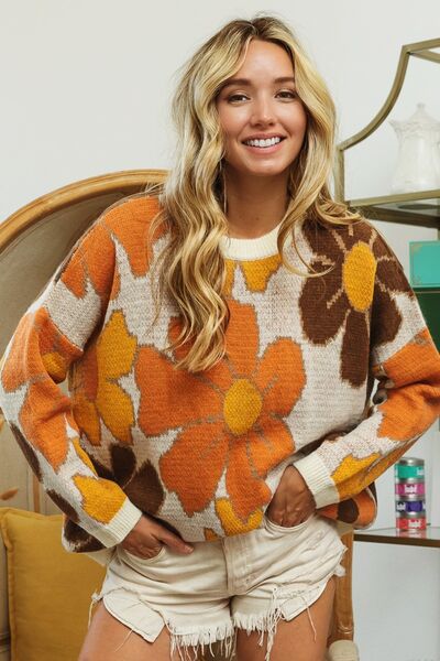 Round Neck Flower Pattern Sweater