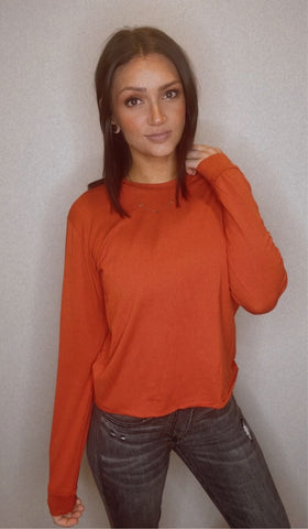 Cut Edge Loose Fit Long Sleeve Top in Tomato